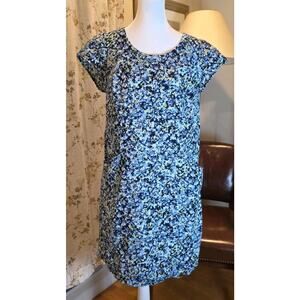 J. Jill Women’s S 100% Linen Blue Floral Shift Dress with Pockets Beach Coastal
